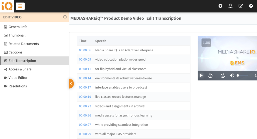 MEDIASHAREiQ Editing Transcriptions